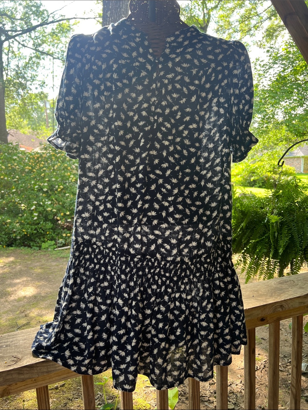 Navy Short Sleeve Floral Tiered Dress